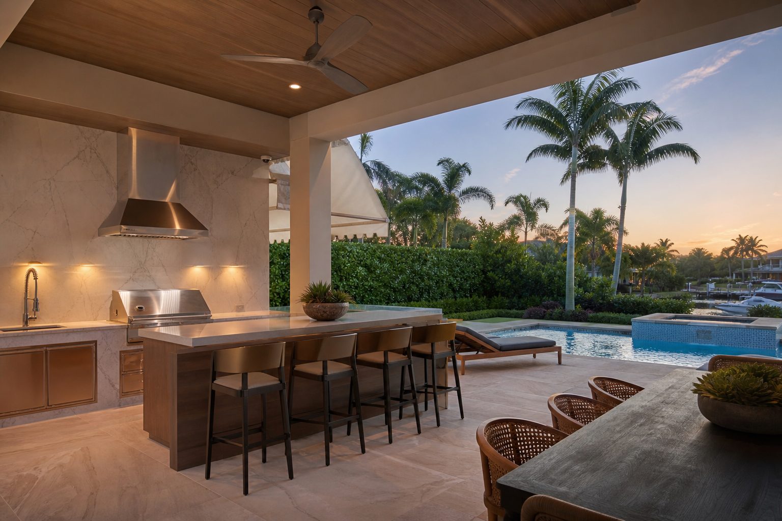 AI-generated concept image of a covered outdoor living space with pool, not a real completed project